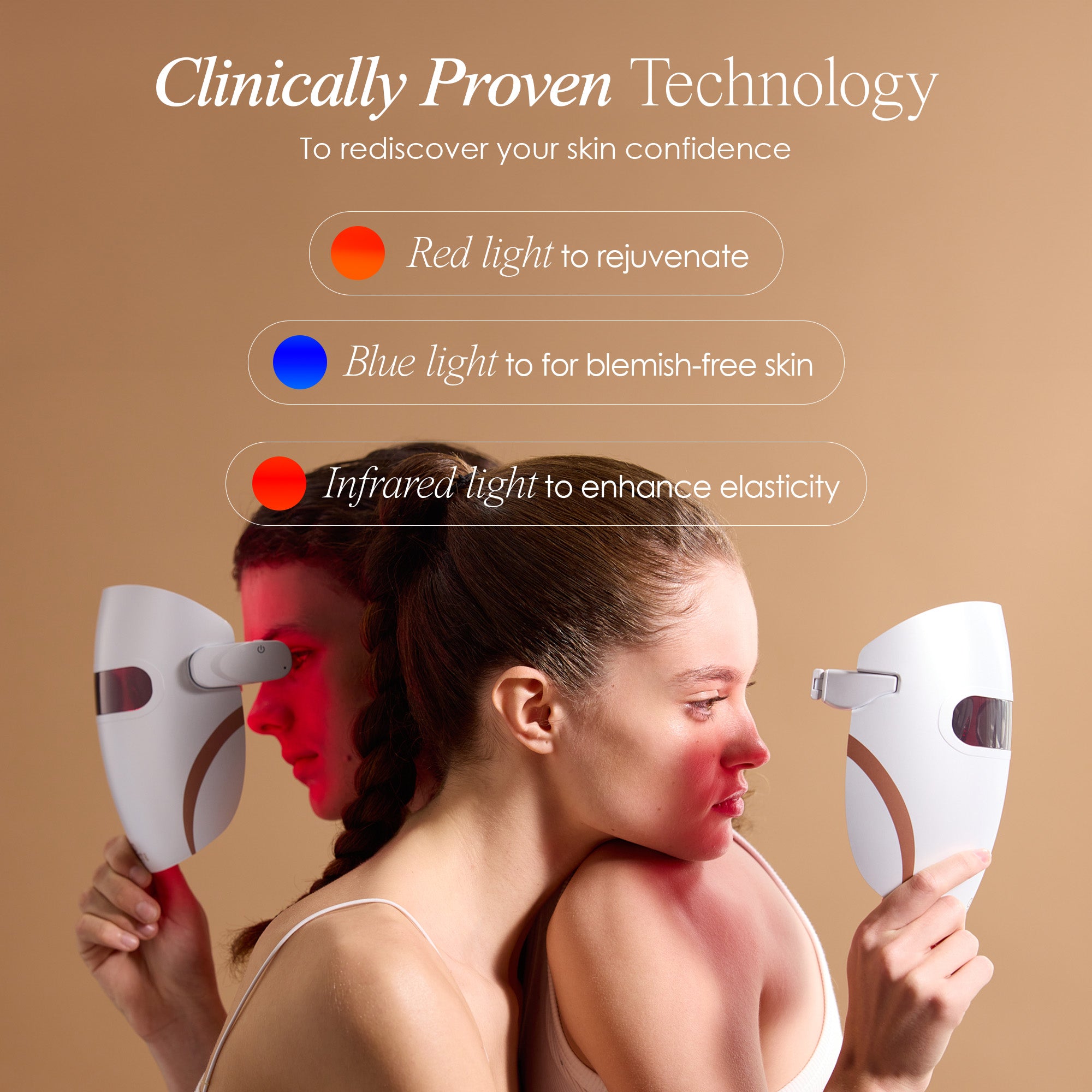 Lumamask Pro LED light therapy face mask showing technology functions such as red light to rejuvenate