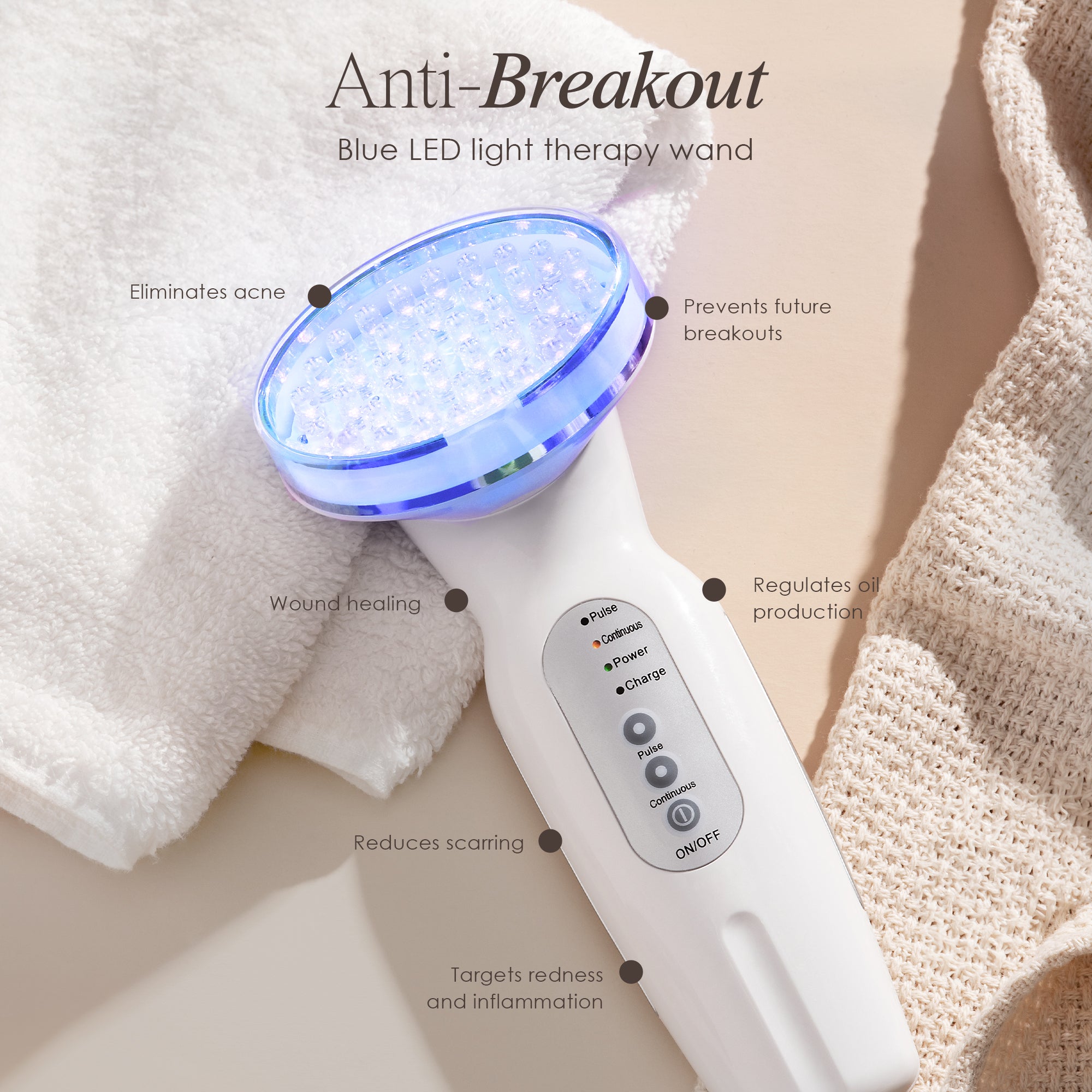 Blue LED+ anti-acne wand showing blue light therapy benefits such as eliminating acne and wound healing