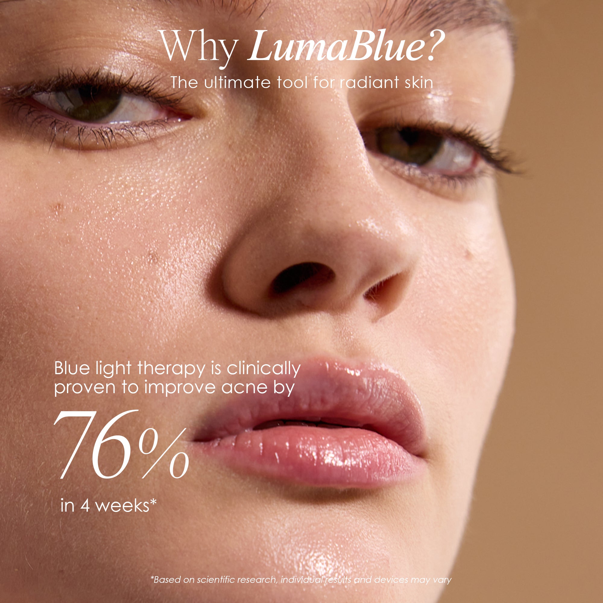 LumaBlue LED light cleansing brush showing clinical studies statistics of blue light therapy