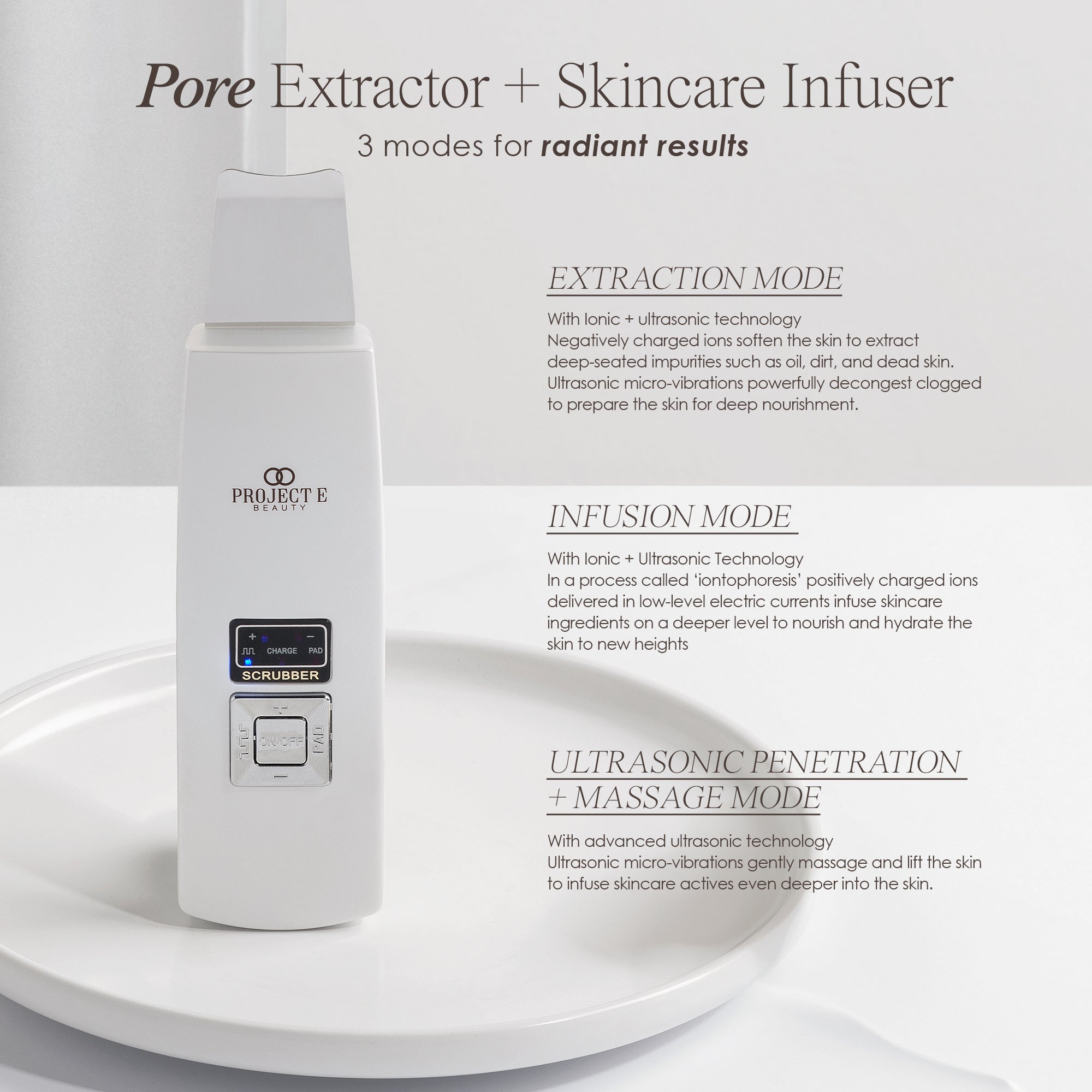 Ultrasonic skin spatula showing the 3 operating modes and how they work