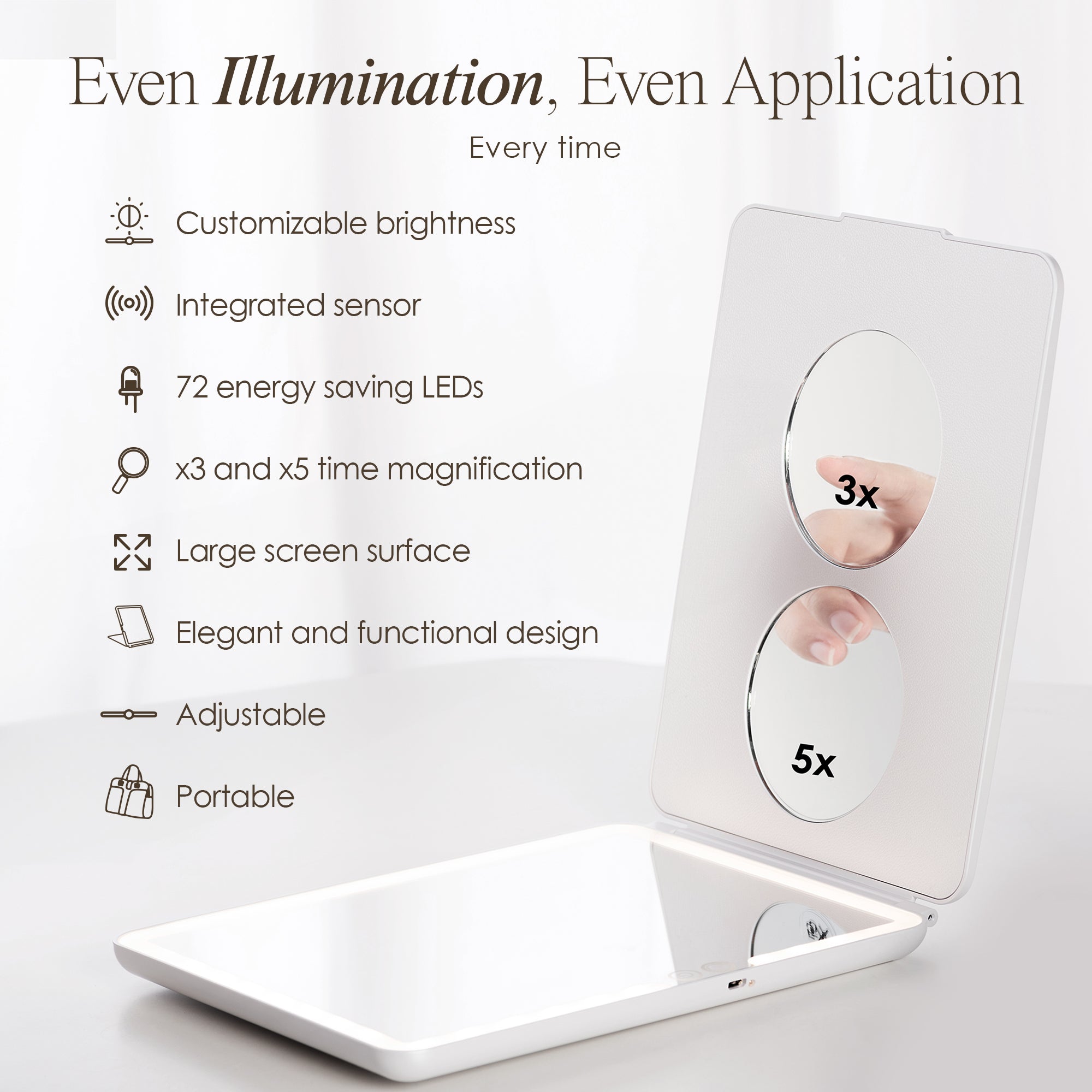 Mirrorvio+ LED travel mirror listing features such as customizable brightness and integrated sensor