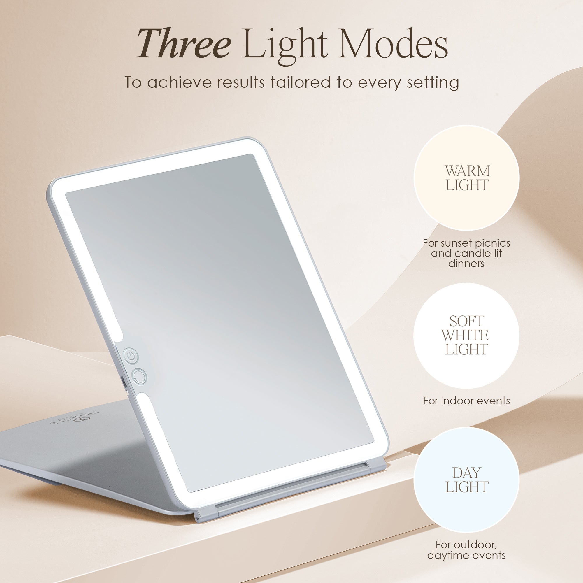 Mirrorvio+ LED makeup mirror showing 3 light modes and their applications